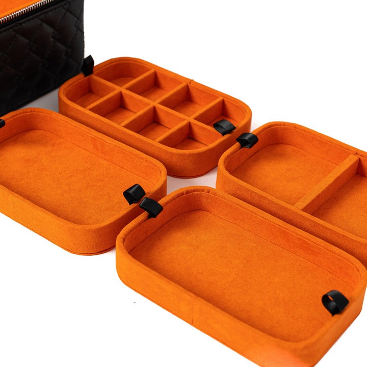 Leather Travel Jewellery Case - Jet Black & Orange