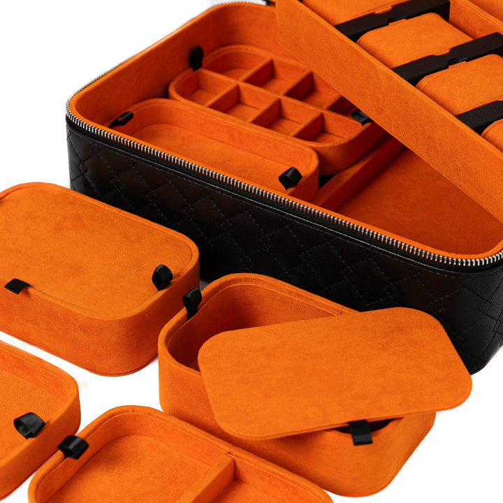 Leather Travel Jewellery Case - Jet Black & Orange