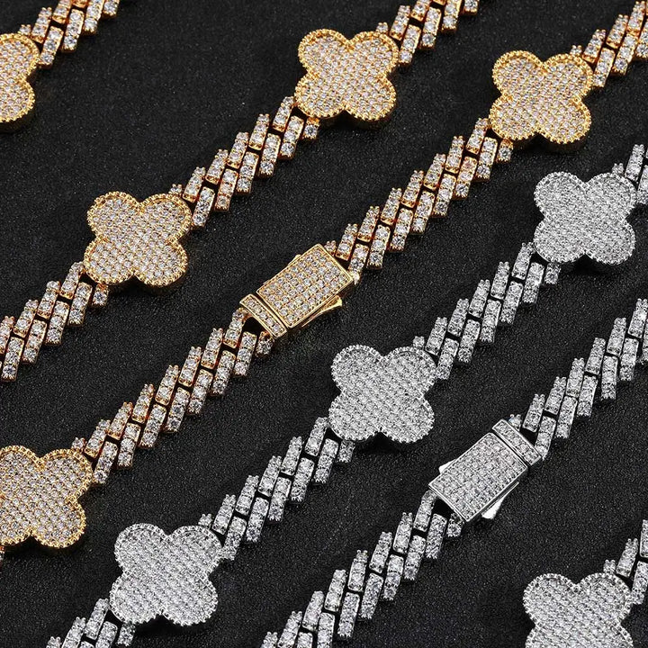 4 LEAF CUBAN LINK BRACELET/NECKLACE - GOLD/WHITE GOLD