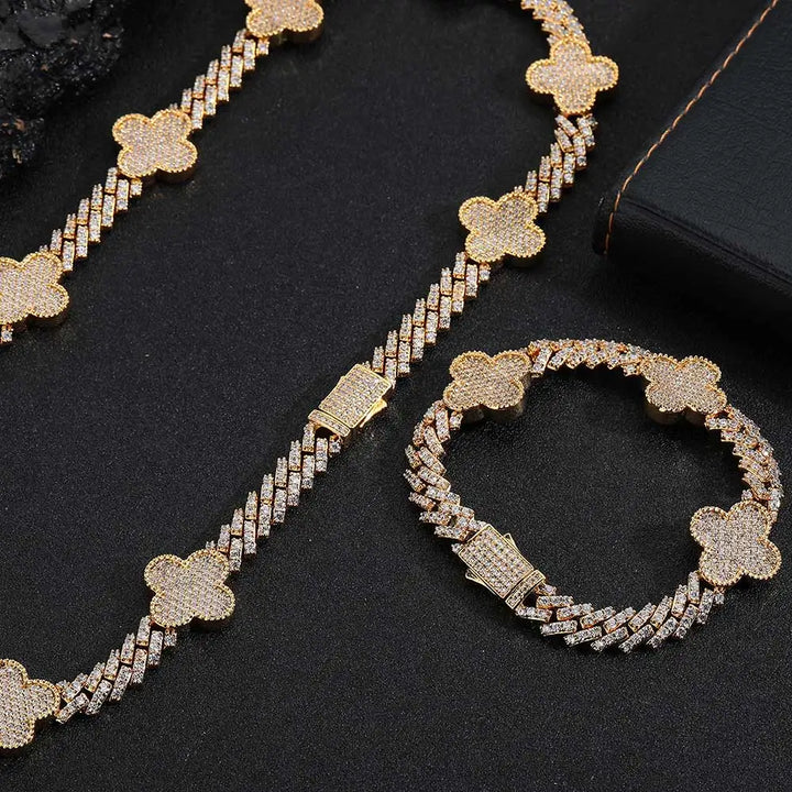 4 LEAF CUBAN LINK BRACELET/NECKLACE - GOLD/WHITE GOLD