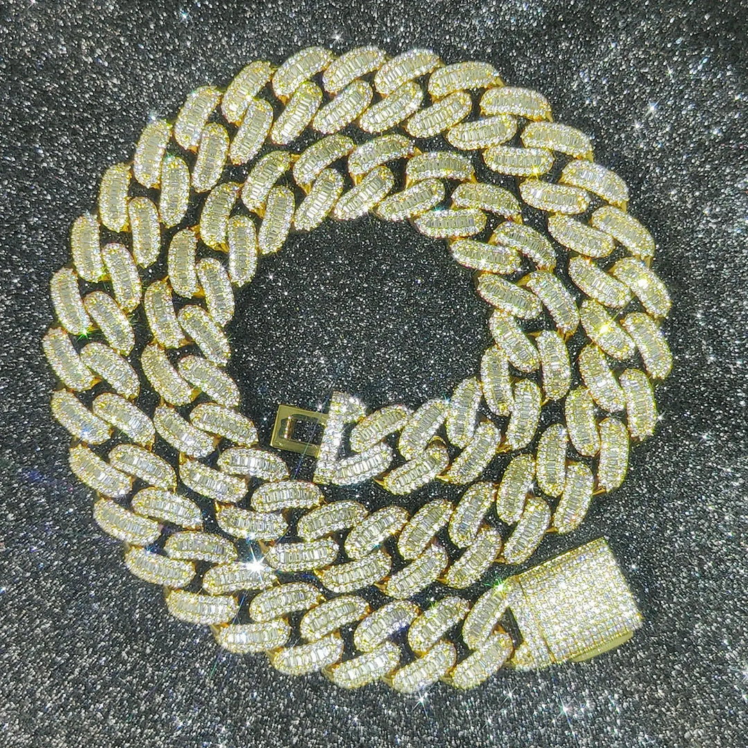 15mm Baguette Cuban Link Chain/Bracelet - Gold/White Gold