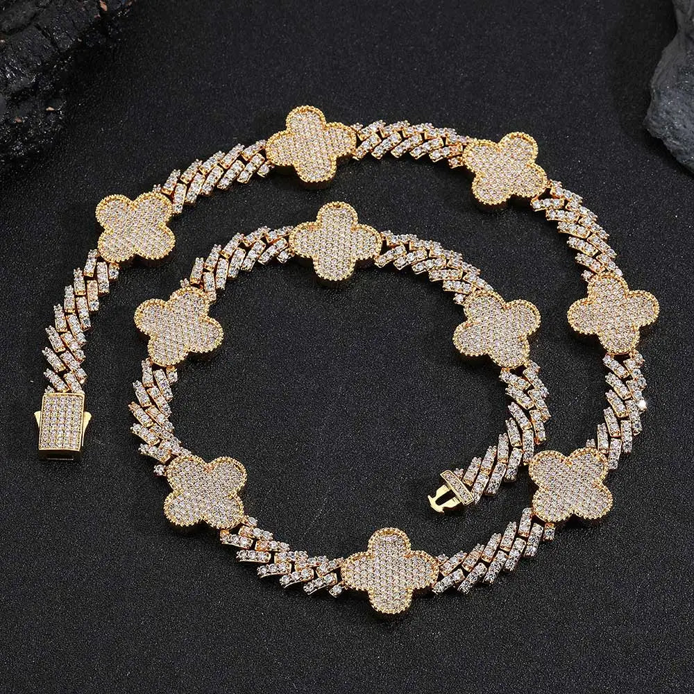 4 LEAF CUBAN LINK BRACELET/NECKLACE - GOLD/WHITE GOLD