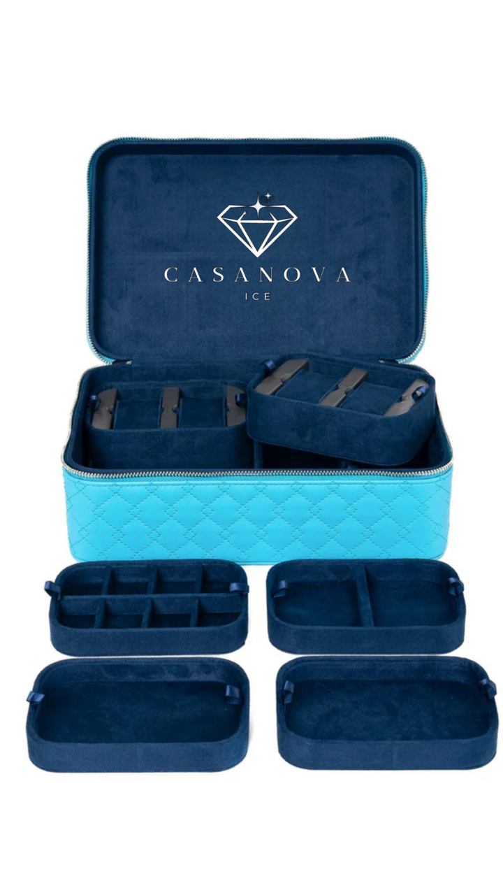 Leather Travel Jewellery Case - Light Blue & Midnight Blue