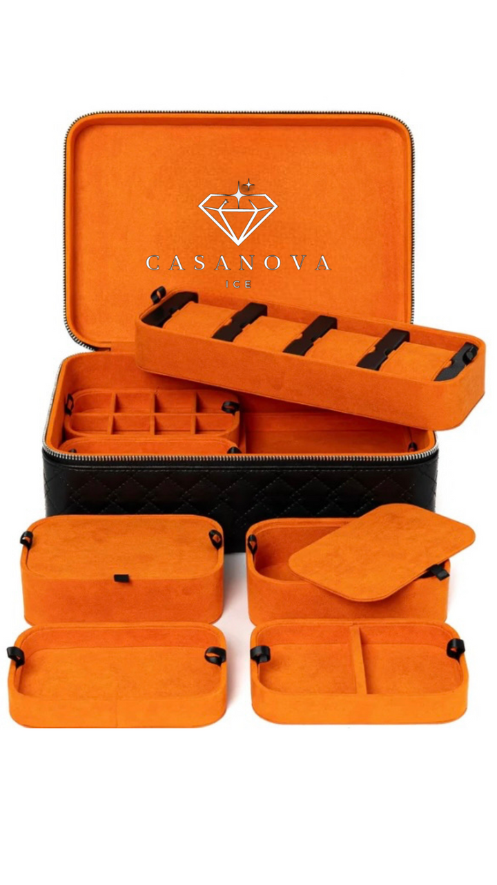 Leather Travel Jewellery Case - Jet Black & Orange